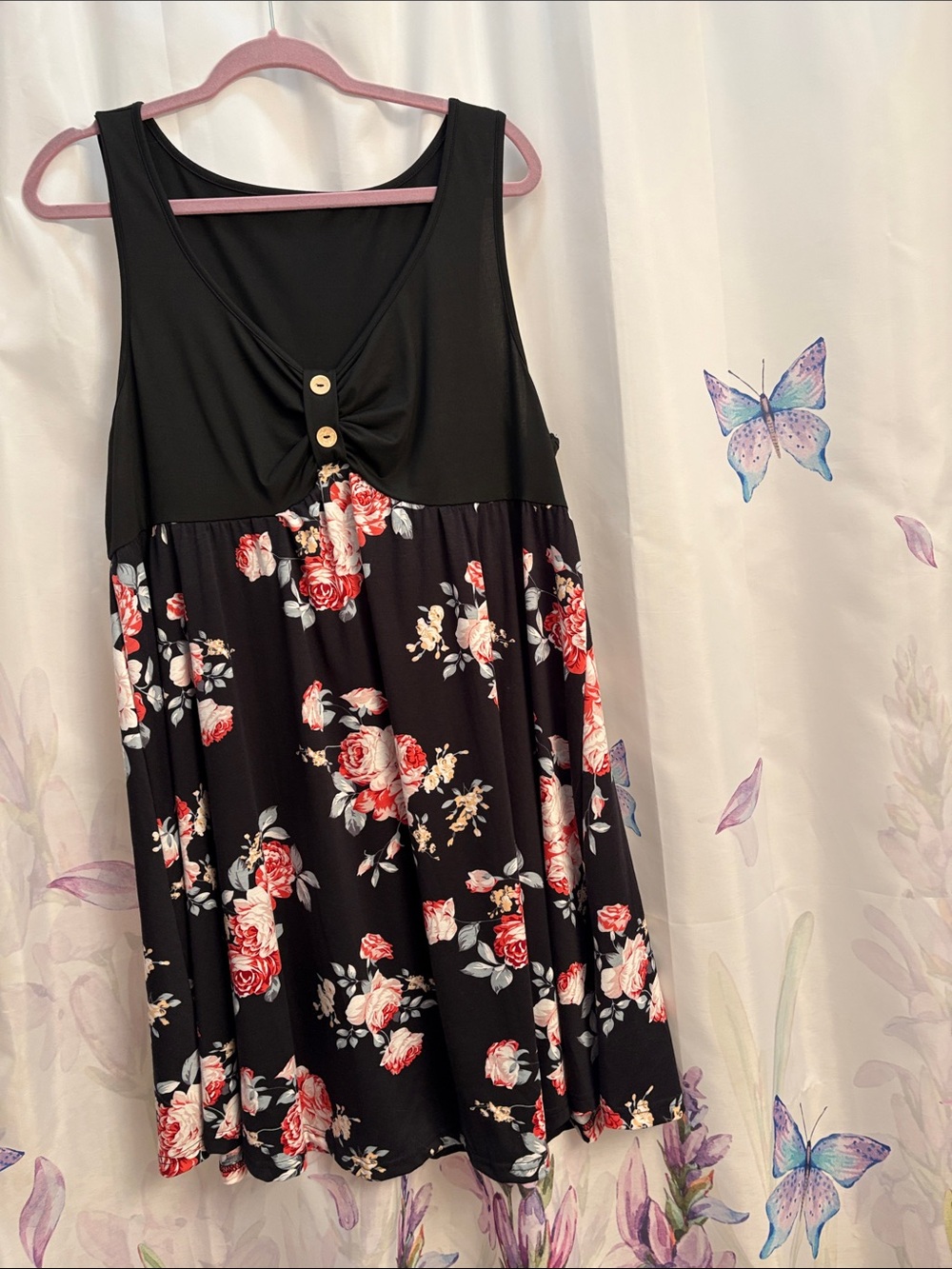 SHEIN Black Floral Button-Front Sleeveless Dress 3X